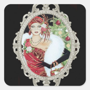 Kerstflappermeisje in schitterende rode en gouden  vierkante sticker