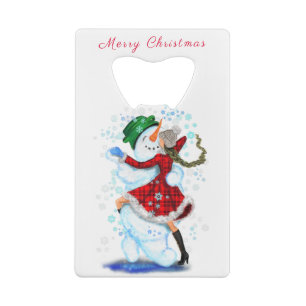 kerstflesopening Snowman en Girl Dance Kredietkaart Flessenopener