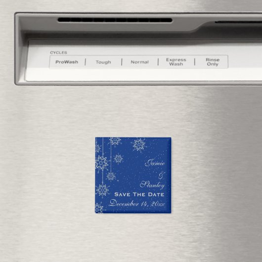 Kerstflinters blauw bruiloft Save the Date Magneet (Insitu (Vaatwasser))