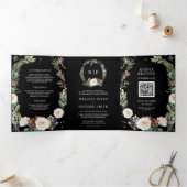 KerstFloral Monogram QR Code Black Weddenschap Drieluik Uitnodiging (Binnen)