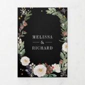 KerstFloral Monogram QR Code Black Weddenschap Drieluik Uitnodiging (Cover)