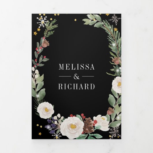 KerstFloral Monogram QR Code Black Weddenschap Drieluik Uitnodiging (Cover)