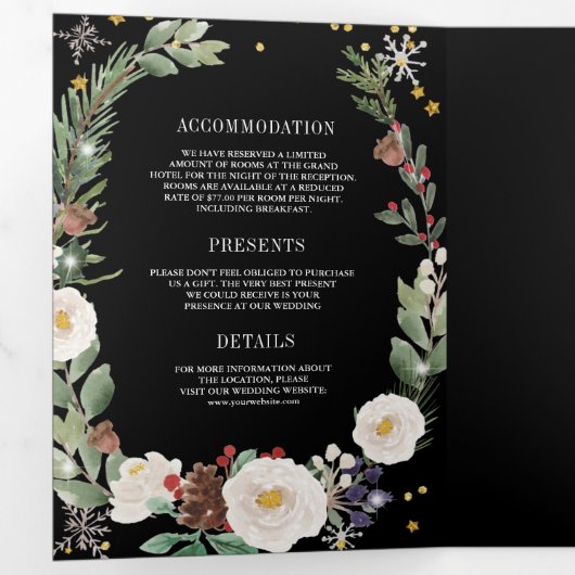 KerstFloral Monogram QR Code Black Weddenschap Drieluik Uitnodiging (Binnenzijde eerst)