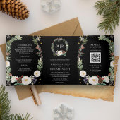 KerstFloral Monogram QR Code Black Weddenschap Drieluik Uitnodiging