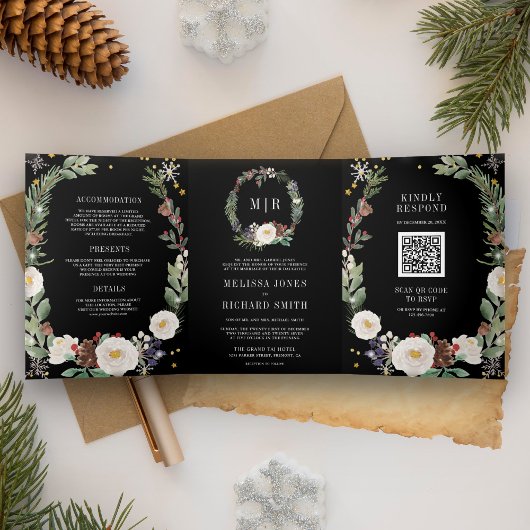 KerstFloral Monogram QR Code Black Weddenschap Drieluik Uitnodiging