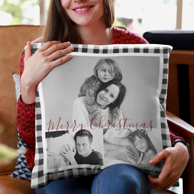 Kerstfoto Collage Zwart Wit Plaid Gingham Kussen (Creator heeft geüpload)