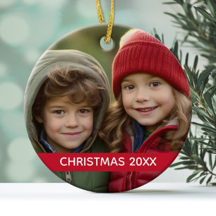 Kerstfoto en jaar moderne minimale rode streep keramisch ornament