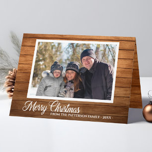 kerstfoto Familienaam Rustic Wood vouwd Feestdagen Kaart