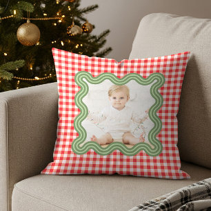 Kerstfoto Golvende Groene Rand Gingham Kerstmis Kussen
