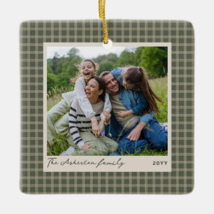 Kerstfoto in vintage groene geruite lijst keramisch ornament