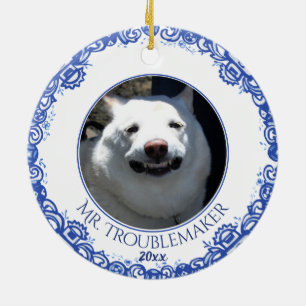 kerstfoto Kat Dog Datum Blauw Willow Keramisch Ornament