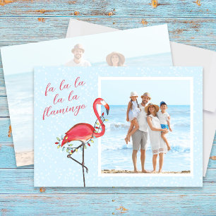 Kerstfoto Leuk strand Roze Tropische Flamingo Feestdagenkaart