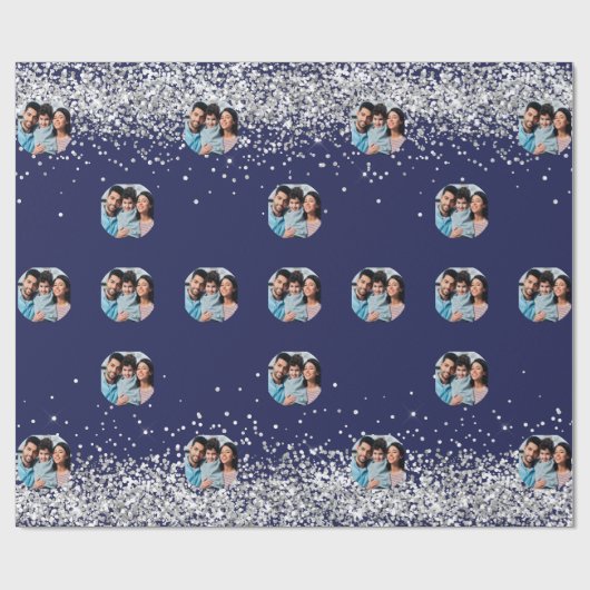 Kerstfoto marineblauw zilver confetti cadeaupapier (Vlak)