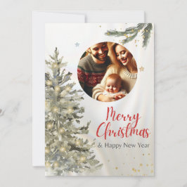 Kerstfoto met boom en gelukkig nieuwjaar kaart