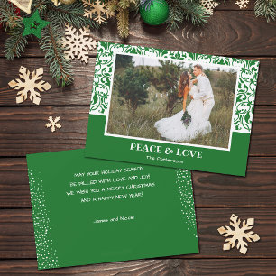 Kerstfoto met groen en wit Damask Feestdagenkaart