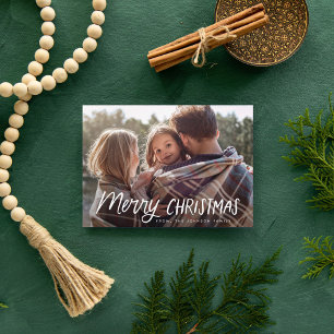 Kerstfoto met handgeschreven speeltekst feestdagenkaart