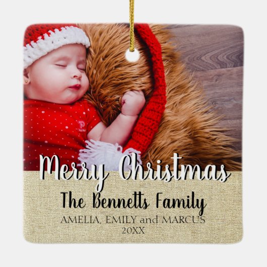 Kerstfoto met landelijke schrift keramisch ornament (Achterkant)