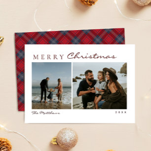 Kerstfoto met marine-rood tartan voor familie feestdagenkaart