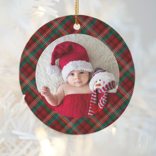 Kerstfoto met rode en groene ruit voor grootouders keramisch ornament