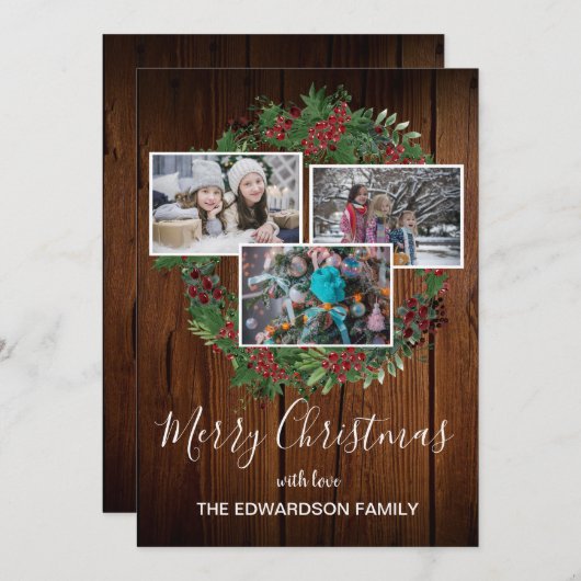 Kerstfoto met rustieke schuur hout en hulst feestdagenkaart (Voorkant / Achterkant)