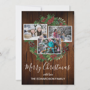 Kerstfoto met rustieke schuur hout en hulst feestdagenkaart