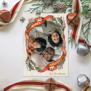 Kerstfoto met vintage rode linten en hulst folie feestdagenkaart