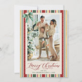 Kerstfoto met vintage strepen, rode groene strik v feestdagenkaart (Voorkant)