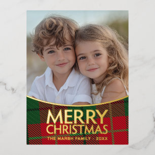 Kerstfoto - Modern rood groen geruite - goud Folie Feestdagen Briefkaart