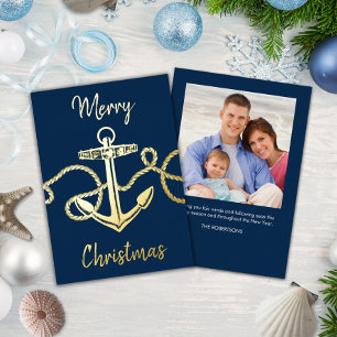 kerstfoto Nautical Anchor Navy Gold Folie Feestdagenkaart