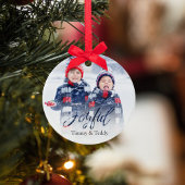 Kerstfoto Navy Blauw Sneeuwvlok Vrolijk Script Keramisch Ornament