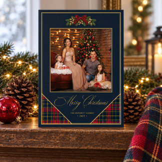 Kerstfoto Navy Tartan Rode Strik Feestdagenkaart