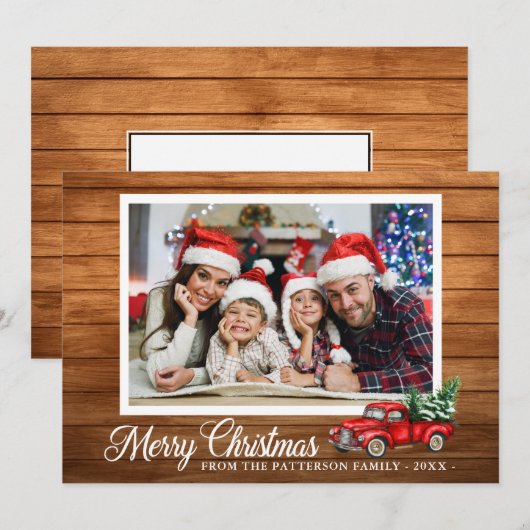 Kerstfoto Red Truck Rustic Wood 2 Sided Kaart (Voorkant / Achterkant)