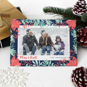 Kerstfoto Rode Bloemige Botanische Groenelementen Feestdagenkaart