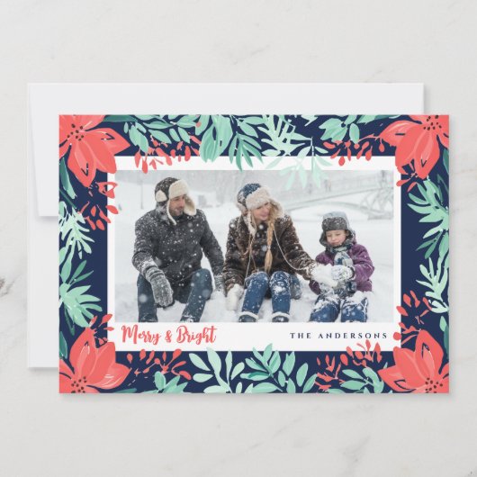 Kerstfoto Rode Bloemige Botanische Groenelementen Feestdagenkaart (Voorkant)