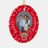 Kerstfoto Rood Schattige rendier Wit Script Keramisch Ornament (Rechts)