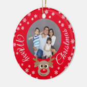 Kerstfoto Rood Schattige rendier Wit Script Keramisch Ornament (Links)