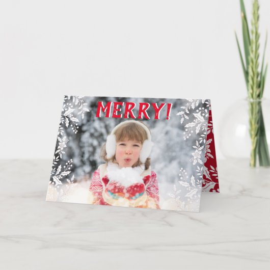 Kerstfoto rood, wit, Holly, feestelijk Feestdagen Kaart (Voorkant)