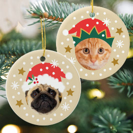 Kerstfoto Schattige Santa Elf Funny Beige Keramisch Ornament