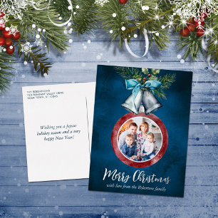 Kerstfoto Silver Bells Navy Blue Folie Feestdagen Briefkaart