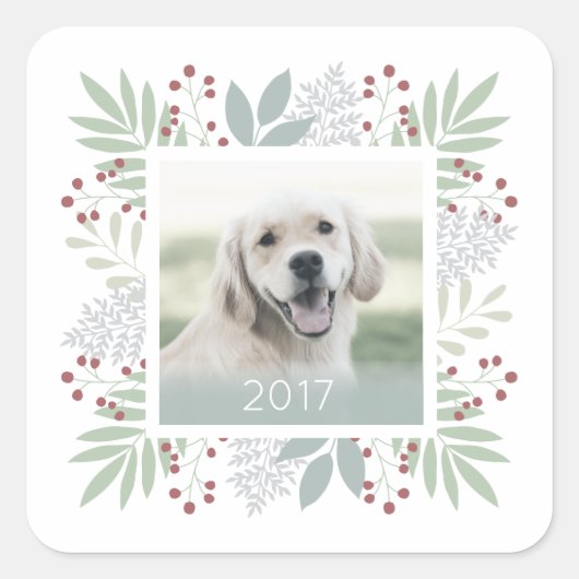 kerstfoto sticker bladeren en bessen | Vierkant (Voorkant)