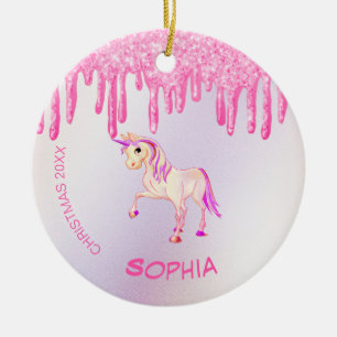 kerstfoto Unicorn Pink Glitter Girly Keramisch Ornament