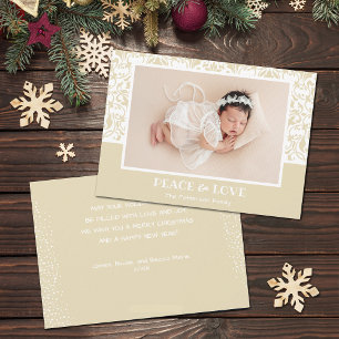 Kerstfoto van Cream en White Damask Feestdagenkaart