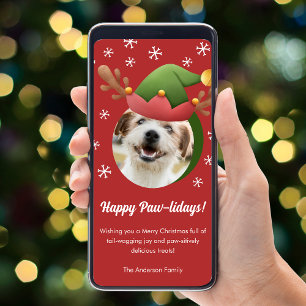 Kerstfoto van hond met Elf Rendier Hoed Digitaal Feestdagenkaart