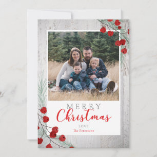 kerstfoto van Rustic Wood Winter Berries Feestdagenkaart