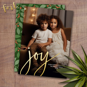 kerstfoto verticaal - Script Gold JOY in Folie Folie Feestdagenkaart