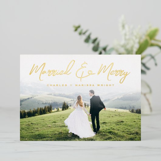 Kerstfoto voor gehuwde en prettige borstels folie feestdagenkaart (Staand Voorkant)