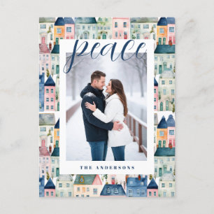 Kerstfoto Waterverf Kleurrijke Huizen Blauw Feestdagenkaart