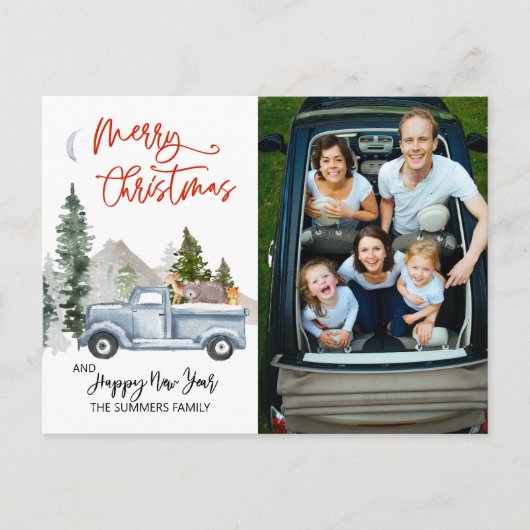 Kerstfoto Waterverf Truck Woodland Briefkaart (Voorkant)
