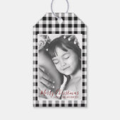 Kerstfoto Zwart Wit Plaid Gingham Patroon Cadeaulabel (Voorkant)