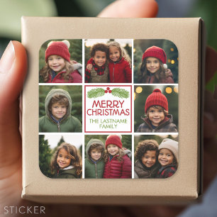 Kerstfotocollage met bijtende pine vierkante sticker